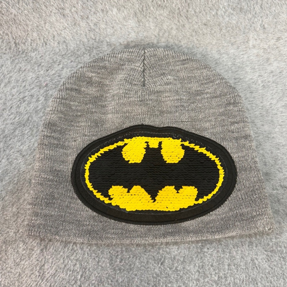 Batman Reversible Sequin Logo Kids Gray Batman Beanie Knit Hat OS 1470